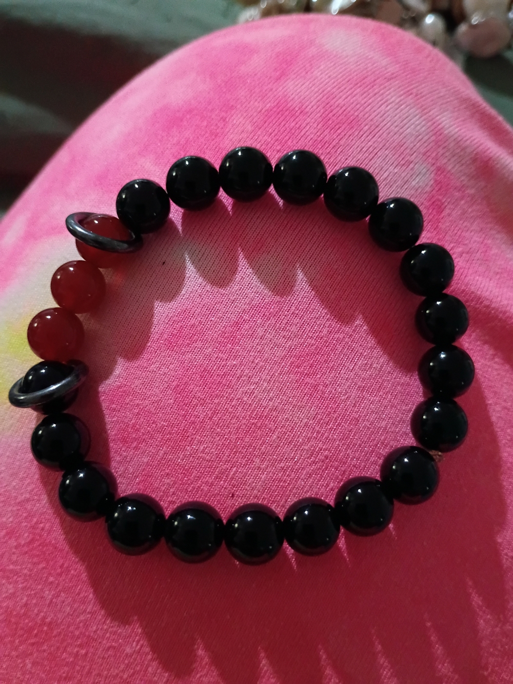 Black Obsidian And Carnilian Beaded Stretch Bracelet